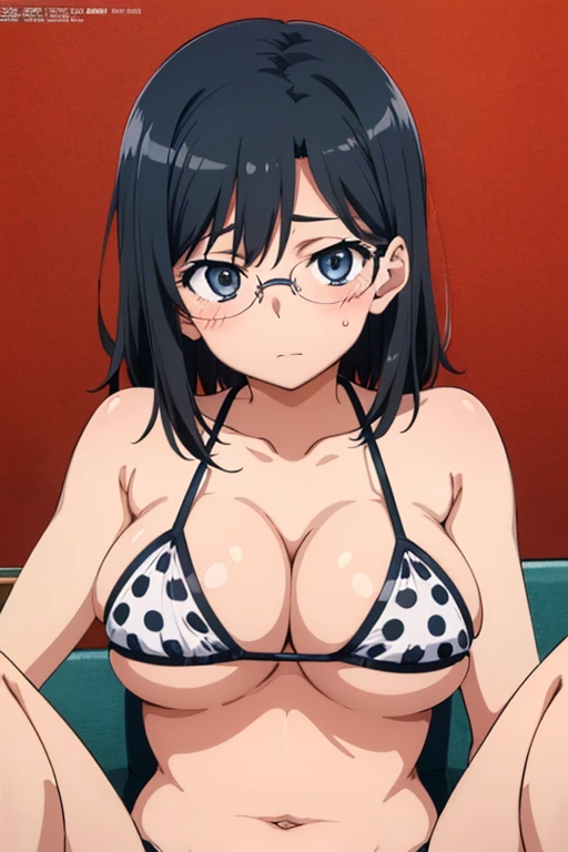 (anime cel style, megami magazine, poster style, best quality, high resolution, sharp image, 8k wallpaper, masterpiece), (beautiful detailed eyes, beautiful detailed face), Konori Mii, glasses, (black hair, medium hair:1.2), blush, (huge breasts), polka dot bikini, (upper body, sitting), simple background, (perfect detailed anatomy, perfect detailed body, perfect arms, perfect fingers, shiny skin)