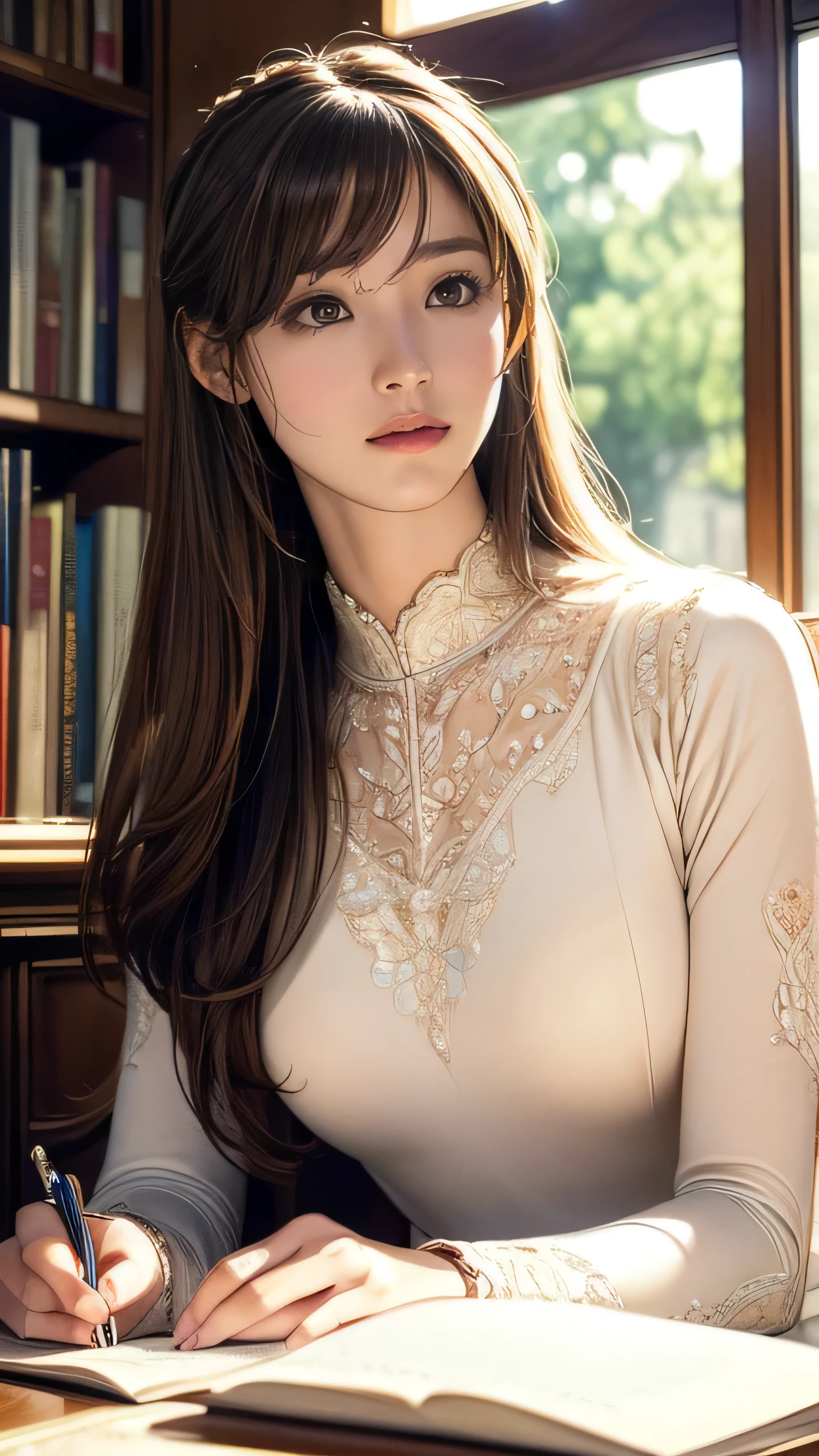 (masterpiece, highly detailed, 8k, ultra-realistic, photorealistic, intricate details, beautiful anime girl, solo female, writer, writing, surrounded by many books, warm lighting, soft focus, elegant, serene expression, delicate facial features, long eyelashes, intricate hairstyle, flowing dress, natural setting, cozy atmosphere)