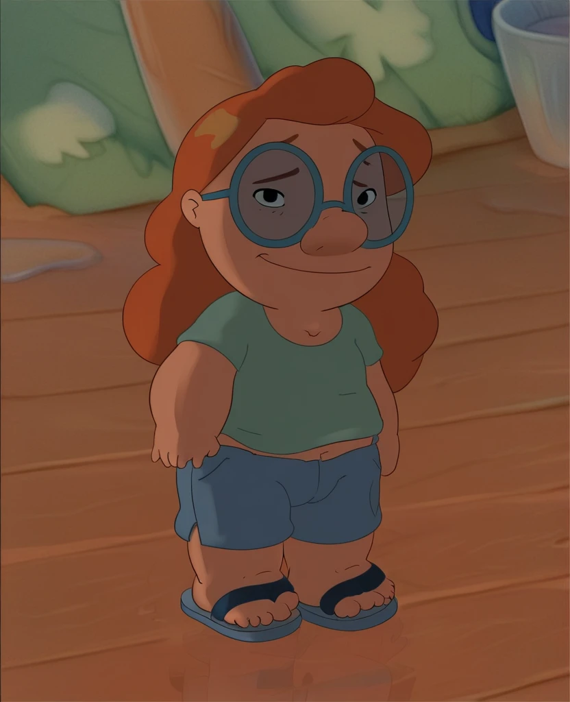 rating_explicit, Mertle_Edmonds, 1girl, little_child, female_child, curvy orange hair, long hair, round green glasses , light green t-shirt , blue shorts, sandals, on the beach, looking at viewer,  chubby, full body,  smiling, shy, score_9, score_8_up, score_7_up, score_6_up, score_5_up, score_4_up, 
