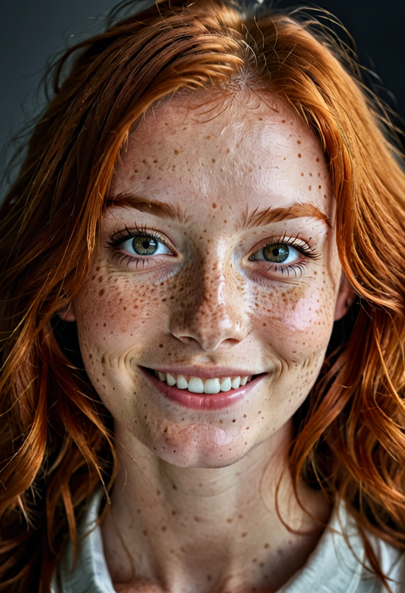 studio hi-tech,smile,happy,close up,(detailed eyes:0.8),(looking at the camera:1.4),interior,(ginger hair:1.3),dark studio,muted colors,freckles