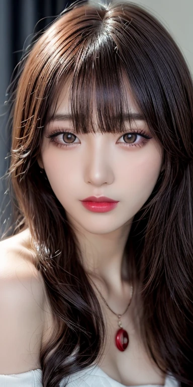 Canon RF 85mmf/1.2,masutepiece,Best Quality,超A high resolution,tu,1 girl,(Korean mixed,Kpop Idol:1.2),Solo,white_shiny_skin,Black eyes,Necklace,brown_long_Wavy_hair,Red lipstick bright_shiny_Lips,Eyelashes,Bangs,deal,make - up,shiny,Pore,skin texture,Bracelet,off shoulders,See-through,Big breasts