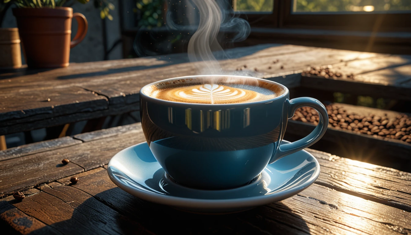 dutch angle view:1.3, viewed from above,((fantasy)1.5 photography, high-quality imagery), hyperdetailed, hyperrealistic, realism (((realistic steaming mug of coffee))), full scene, with breakfast table,sunrise, morning sun,sunrays, light reflections, cgi vfx, various colors, Inspired by Alberto Seveso, Sam Spratt, beth cavener and Luis Royo. on a sunny day, sunrays, colors, perfect lighting, shadows, 12k, high definition, cinematic, behance contest winner, stylized digital art, smooth, ultra high definition, 8k, unreal engine 5, ultra sharp focus, intricate artwork masterpiece, ominous, epic, 4k details, ultra details, dynamic lighting, cinematic, photo-realistic, 50mm lens, f/2.8, natural lighting, HDR, realism, mysterious, 64 megapixels, depth of field, hyperrealism, photorealistic, 8k ultra fine detail, masterpiece, High detailed, Realism, Epic, Enhance, Beautify, Epicrealism, intricate, detailed, 500px, promo shot,neon photography style