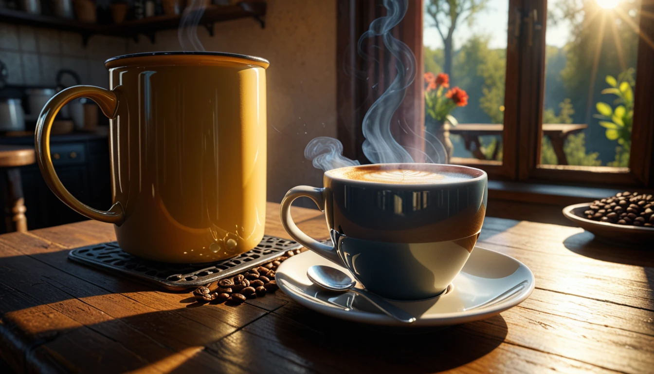 dutch angle view:1.3, viewed from above,((fantasy)1.5 photography, high-quality imagery), hyperdetailed, hyperrealistic, realism (((realistic steaming mug of coffee))), full scene, with breakfast table,sunrise, morning sun,sunrays, light reflections, cgi vfx, various colors, Inspired by Alberto Seveso, Sam Spratt, beth cavener and Luis Royo. on a sunny day, sunrays, colors, perfect lighting, shadows, 12k, high definition, cinematic, behance contest winner, stylized digital art, smooth, ultra high definition, 8k, unreal engine 5, ultra sharp focus, intricate artwork masterpiece, ominous, epic, 4k details, ultra details, dynamic lighting, cinematic, photo-realistic, 50mm lens, f/2.8, natural lighting, HDR, realism, mysterious, 64 megapixels, depth of field, hyperrealism, photorealistic, 8k ultra fine detail, masterpiece, High detailed, Realism, Epic, Enhance, Beautify, Epicrealism, intricate, detailed, 500px, promo shot,neon photography style