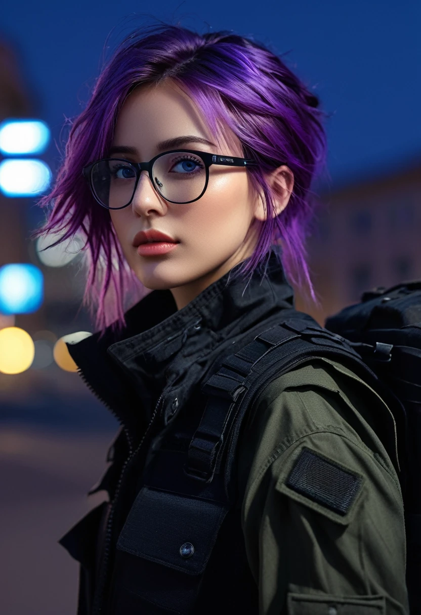 ((best quality)), ((masterpiece)), (detailed), perfect face, 1 girl, purple hair, blue beautiful eyes, tactical gear, military, black military pants, black military boots, black military jacket, military vest, city. Night, winter, glasses, (real、photorealistic、photorealistic: 1.37) soft lighting、roma、subtle shadow、intense colors、enchantingly illuminated、high contrast, full body