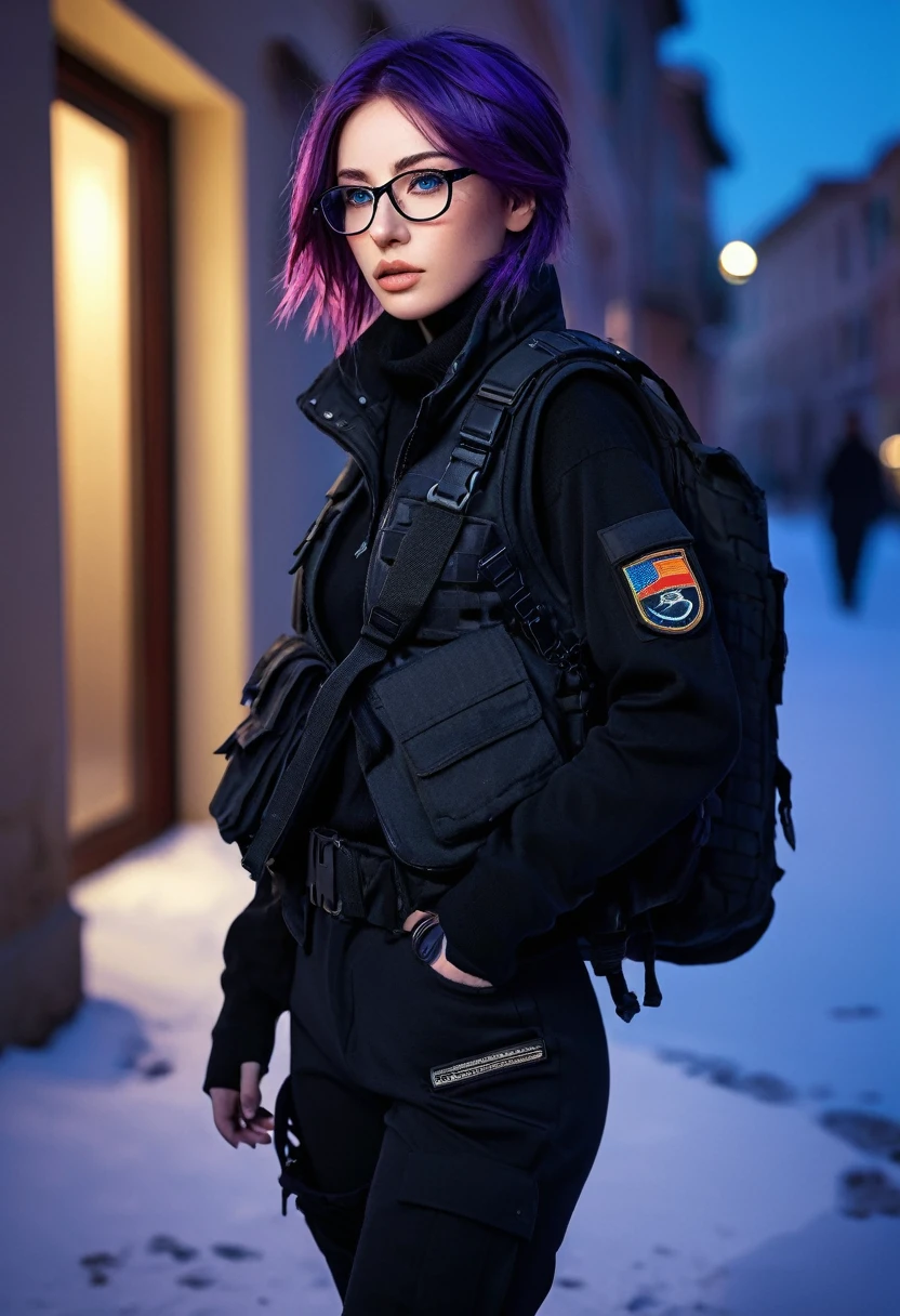 ((best quality)), ((masterpiece)), (detailed), perfect face, 1 girl, purple hair, blue beautiful eyes, tactical gear, military, black military pants, black military boots, black military jacket, military vest, city. Night, winter, glasses, (real、photorealistic、photorealistic: 1.37) soft lighting、roma、subtle shadow、intense colors、enchantingly illuminated、high contrast, full body