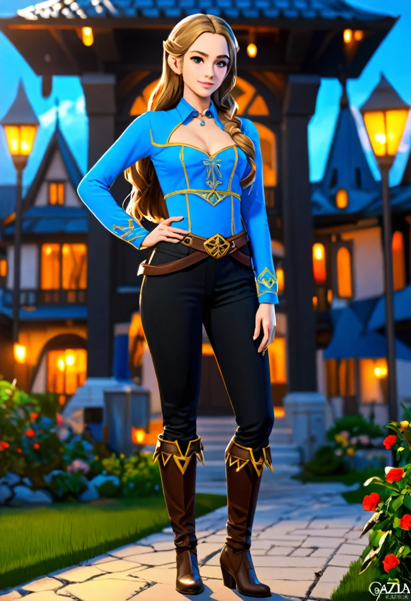 masterpiece, best quality, highres, aazelda, Princess_Zelda, long hair, crown braid, hairclip, pointy ears, blue shirt, long sleeves, fingerless gloves, black gloves, black pants, tight pants, night, standing, cowboy shot, outdoors, hand on hip,, sultry look, seductive, smirk, , inviting smile,