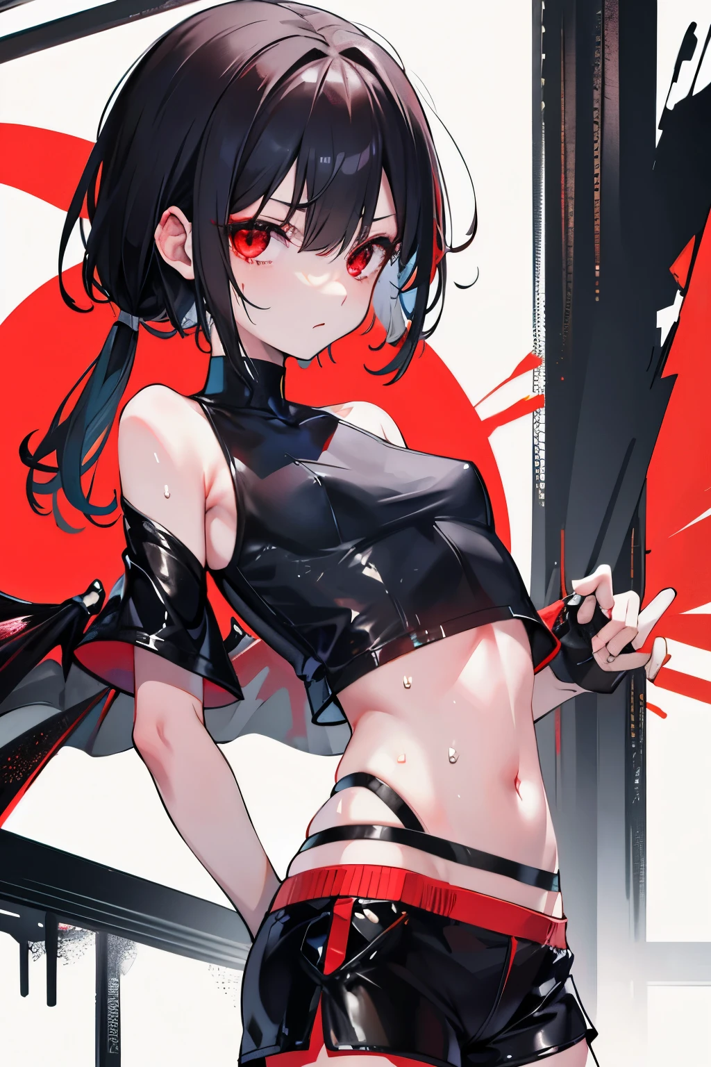 underdressing,indifferent,Red Eyes,Sweat,Soaked,liquid,transparent,Expression of disgust,Back,Cropped tops,Leather Shorts,succubus