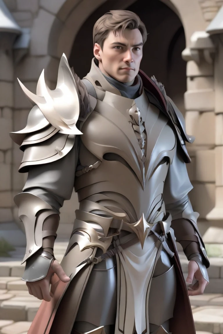hxarmour,1 man,(light brown armour:1.3),looking to the side,castle,with five swords and scarf in neck short brown hair