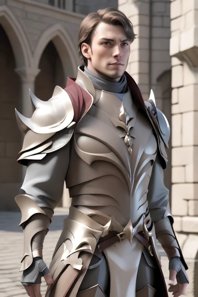 hxarmour,1 man,(light brown armour:1.3),looking to the side,castle,with five swords and scarf in neck short brown hair