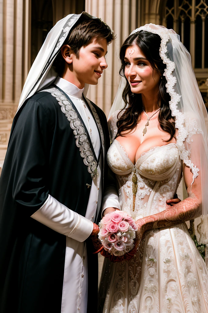 ((Mother and son getting married picture:1.5)), Ultra detailed photo of a ultra sexual incredibly gorgeous Ukrainian 32 year old sexy angelic supermodel mother nun bride dressed as nun in a gothic cathedral, mystical lights, backlit, ((very detailed faces)), focus on face, (cleavage:1.5), ink lines, dynamic, modern, awe inspiring, whimsical, complex, dreamlike, magical, visually stunning, high contrast, soft colors