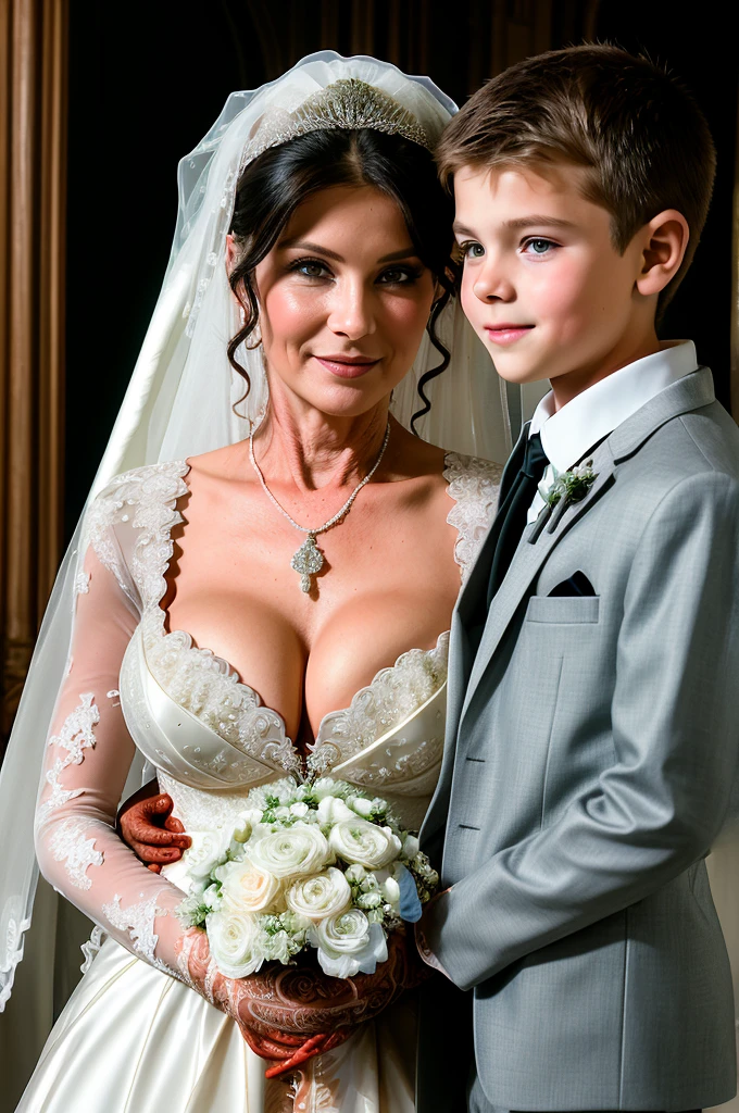 ((Mother and son getting married picture:1.5)), Ultra detailed photo of a ultra sexual incredibly gorgeous Ukrainian 32 year old sexy angelic supermodel mother nun bride dressed as nun in a gothic cathedral, mystical lights, backlit, ((very detailed faces)), focus on face, (cleavage:1.5), ink lines, dynamic, modern, awe inspiring, whimsical, complex, dreamlike, magical, visually stunning, high contrast, soft colors