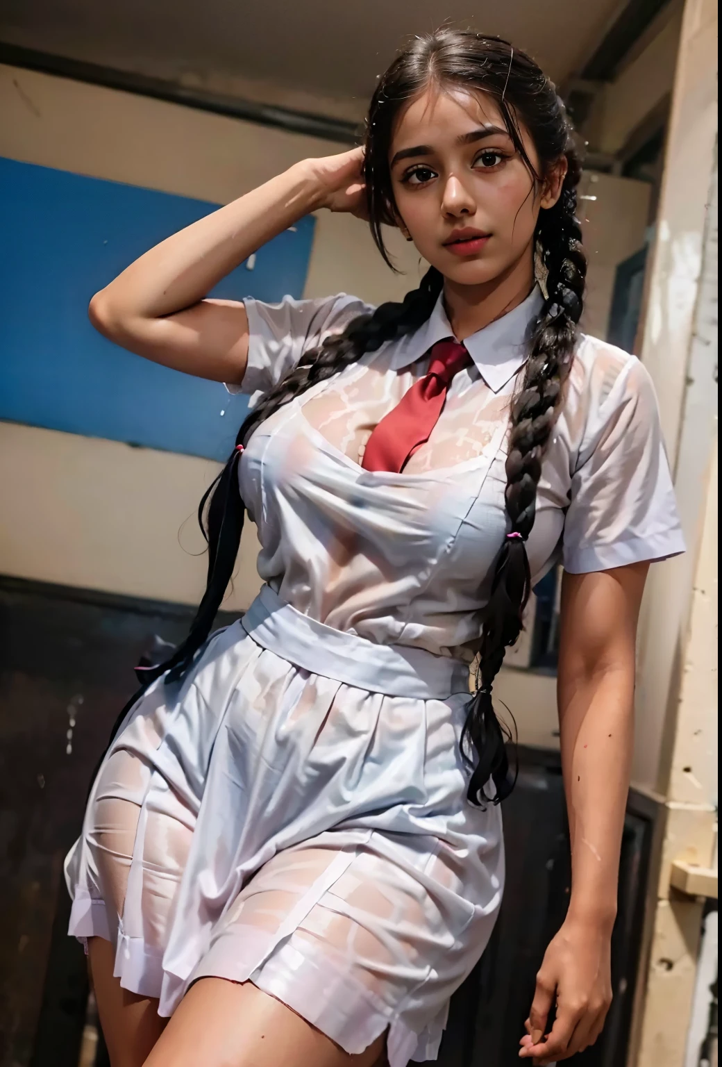 Raw photo , 1 girl  , frock and color tie, white shoes ,sri lanka teen school girl,hour glass body shape, raining, drenched, soaked, wet clothes,no undergarments, dishevelled,oil covered clothes, wet fair skin and braided hair, posing, ((playing ,touching ,squeezing ,grabbing boobs )),huge saggy , big breasts ,pointy nipples, professional photographer, (hdr:1.4), masterpiece, ultra-realistic 8k, perfect artwork, intrincate details, cute face, award winning photograph, (Best quality, 8k, 32k, Masterpiece, UHD:1.3) ,