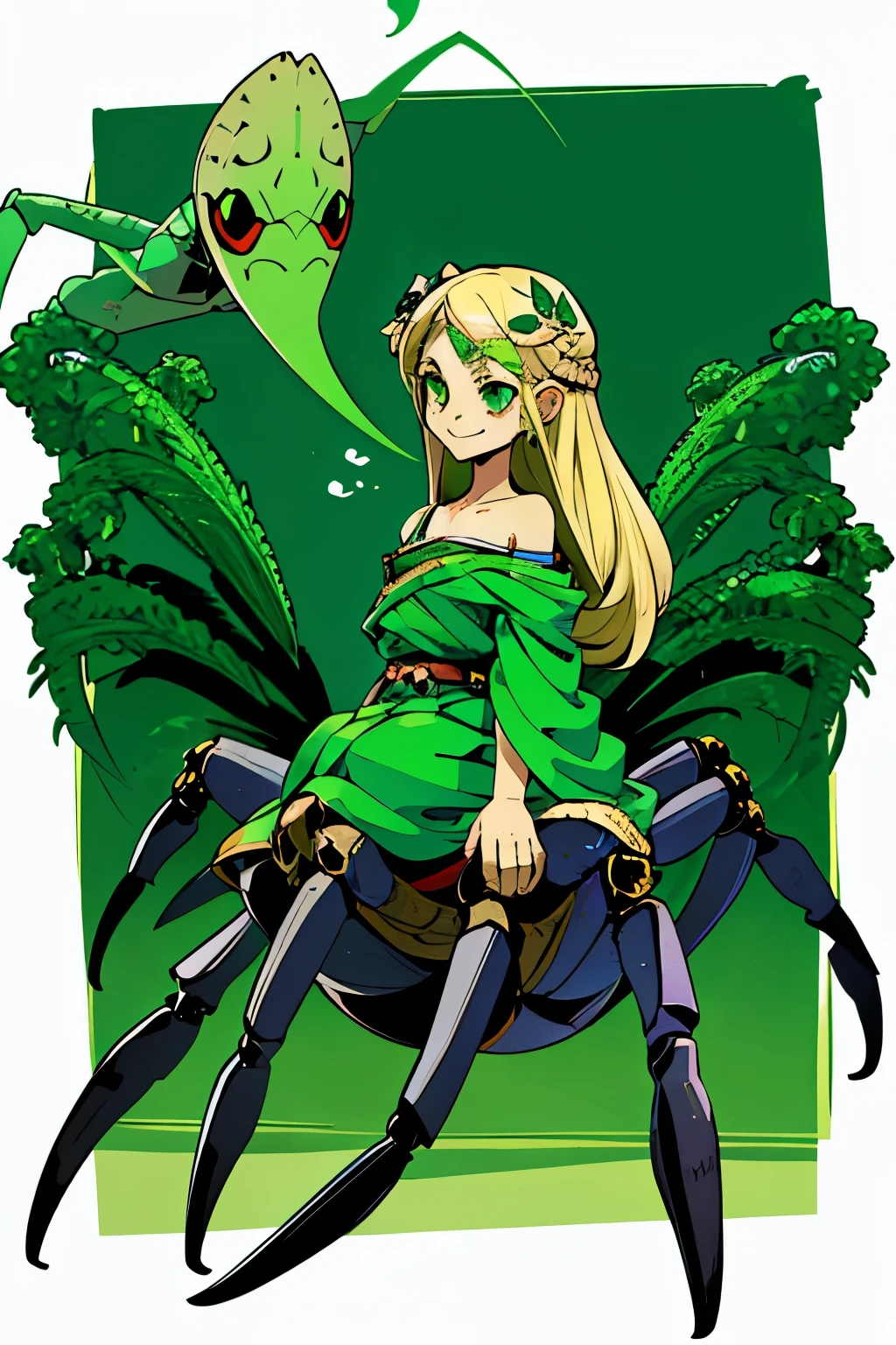 1girl, young, , 6 years i, komusume, flat chest, blonde long hair, green clothes, green eyes, innocent expresion, smiling, arachnid style, spider body, background filled fumes, Tartarus scenery, in Tartarus, surrounded by giant greek columns, greek scenery and furniture, main character, hades style, Arachne, spider legs coming from her back