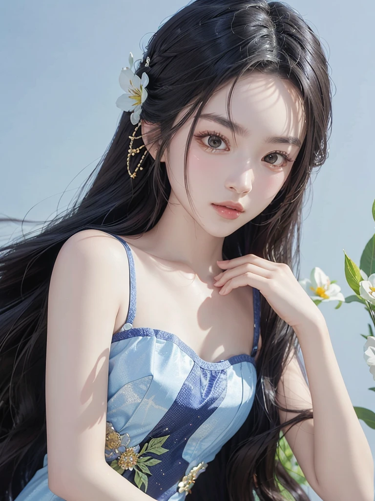 （From the outside） （shiny skins）， Many colors，delicated face，body curve，rich skin details，best qualtiy，tmasterpiece，photos realistic，intricate-detail，RAW photogr，court，Gorgeous cheongsam，extra long hair，cropped shoulders，delicated face，Expose cleavage，hair pin，translucent，etheric、full body seen