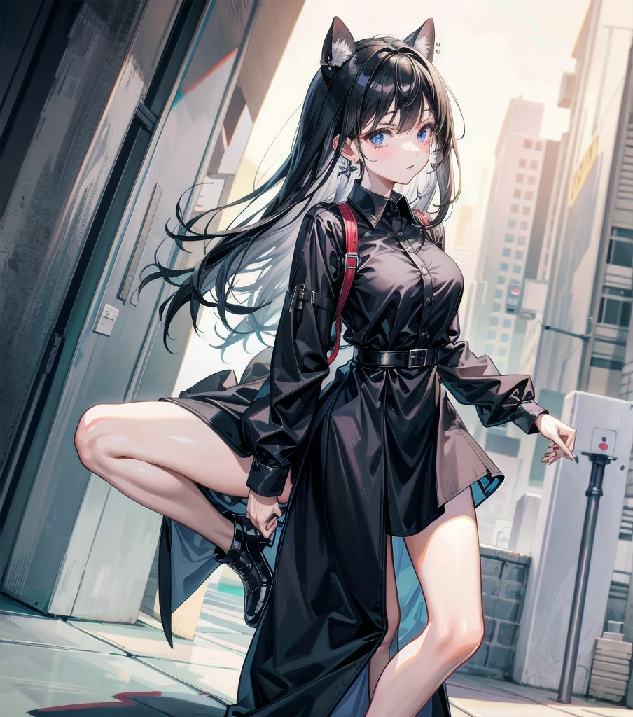 medium hair, medium tits, tearful mole, earring, full body, collared shirt dress,