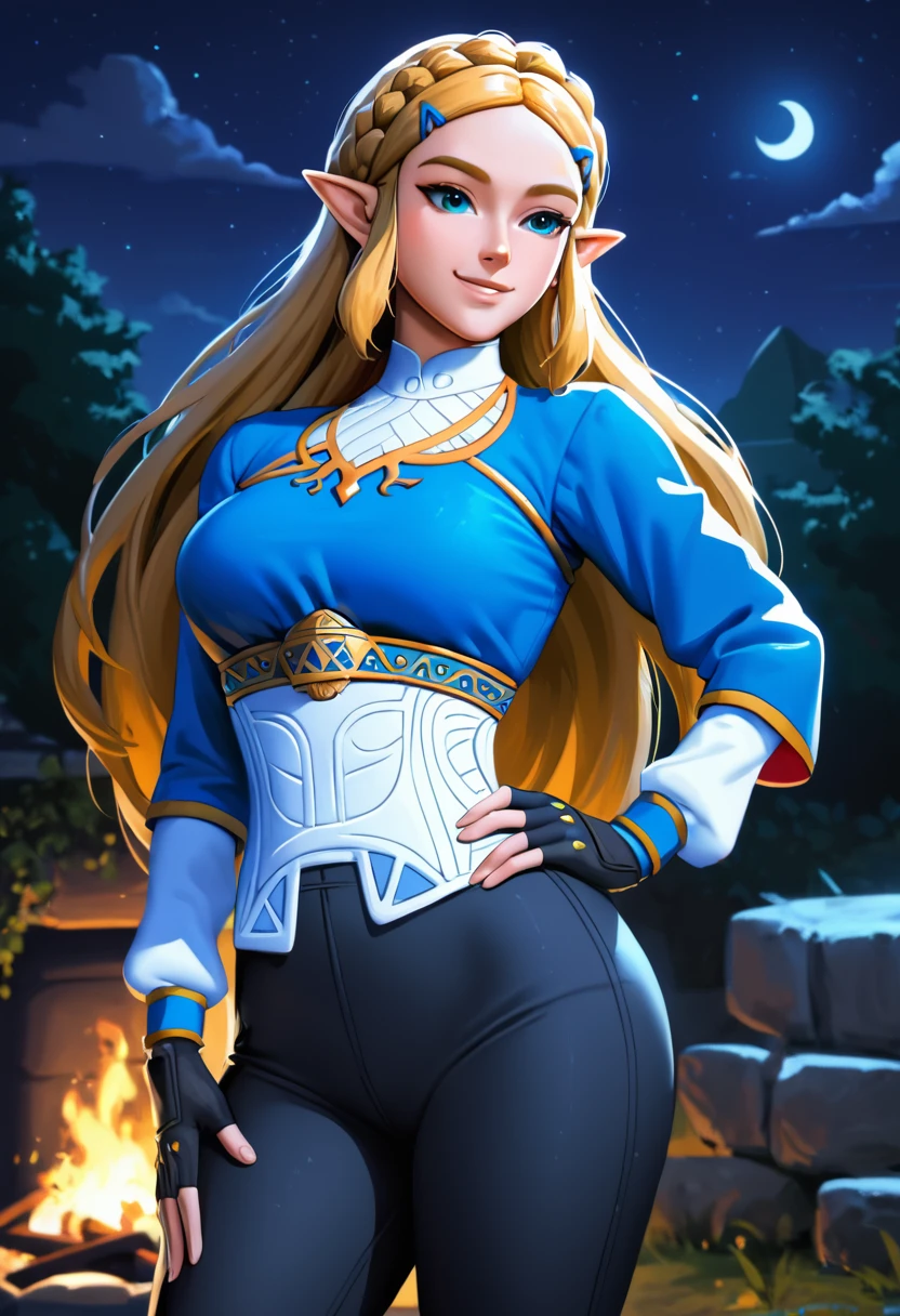 masterpiece, best quality, highres, aazelda, Princess_Zelda, long hair, crown braid, hairclip, pointy ears, blue shirt, long sleeves, fingerless gloves, black gloves, black pants, tight pants, night, standing, cowboy shot, outdoors, hand on hip,, sultry look, seductive,  smirk, , inviting smile,