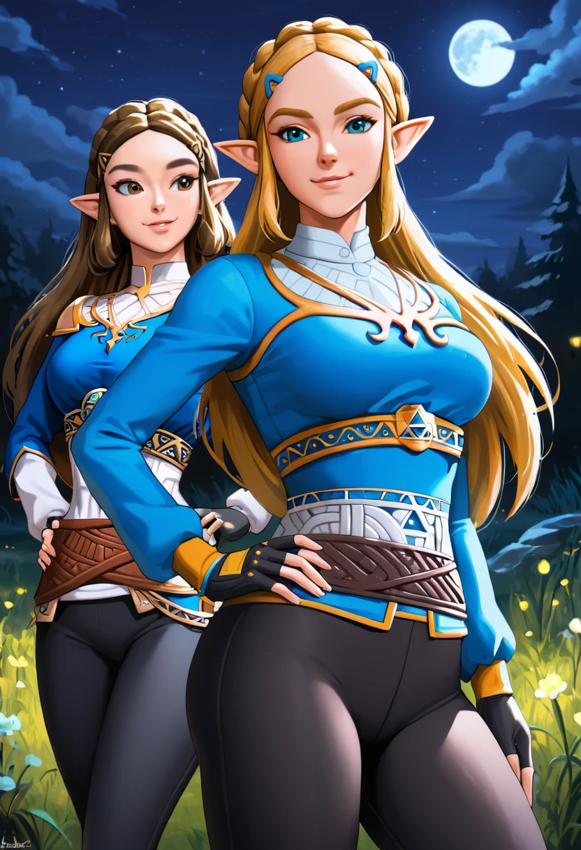 masterpiece, best quality, highres, aazelda, Princess_Zelda, long hair, crown braid, hairclip, pointy ears, blue shirt, long sleeves, fingerless gloves, black gloves, black pants, tight pants, night, standing, cowboy shot, outdoors, hand on hip,, sultry look, seductive,  smirk, , inviting smile,