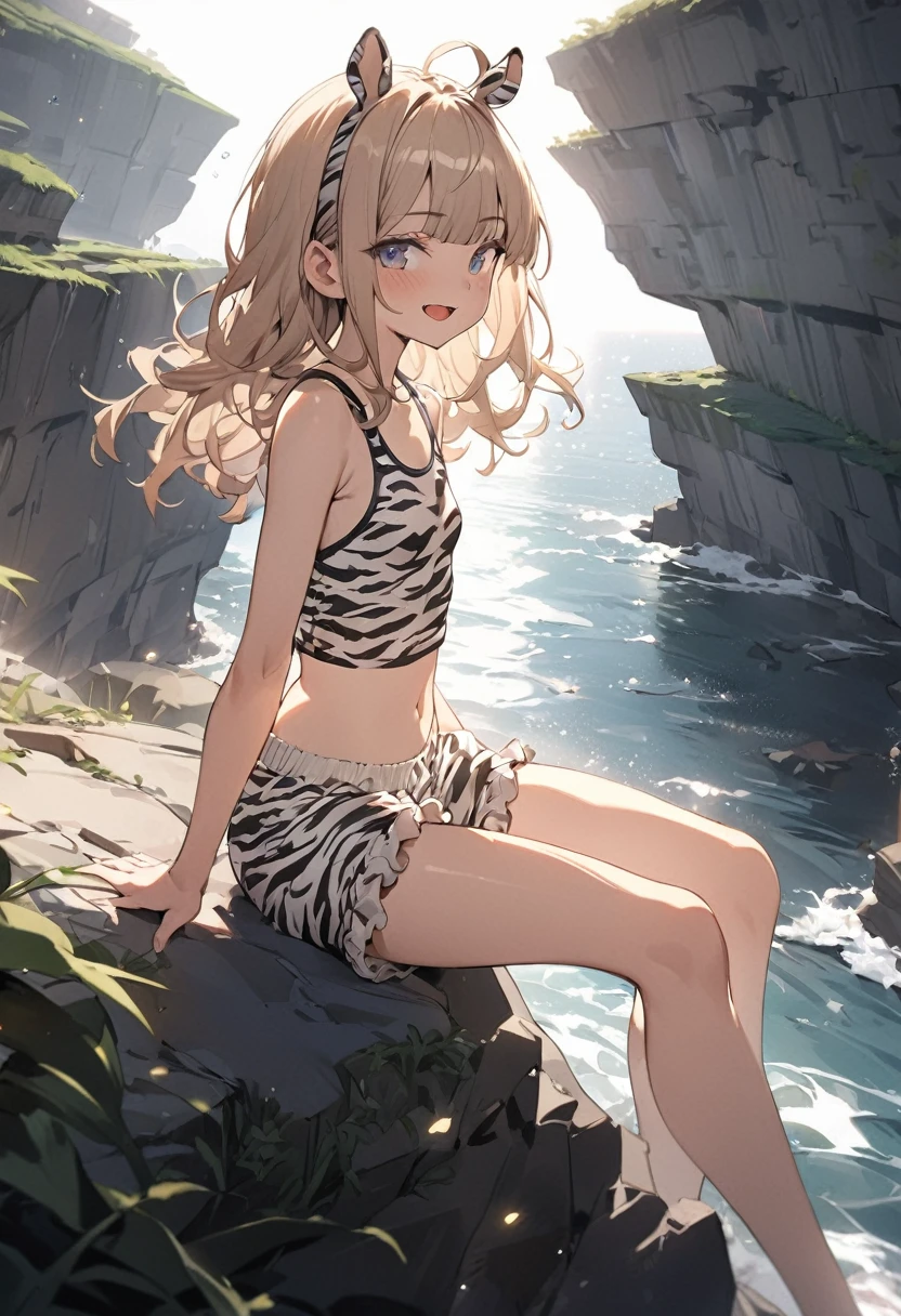((Masterpiece)), ((best quality)), (Anime:1.4), (super detail:1.2), (High Definition:1.3), (Professional Photography:1.3), (wide shot), (sharp focus), (perfect light), from side, ((12 years old)), ((1girl)), ((wearing zebra-patterned tanktop)), fluffy shorts, cinematic lighting, Textured skin, messy hair, (loose blunt bangs), teenage girl, Healthy stomach, (Healthy slim body), small breasts, cute eyes, ((Smug)), (open mouth), (put on zebra ears), pale brown hair, Cute Beautiful girl, Thin accessories, Sitting on the cliff, ((Cliffs over 100 meters above sea level)),