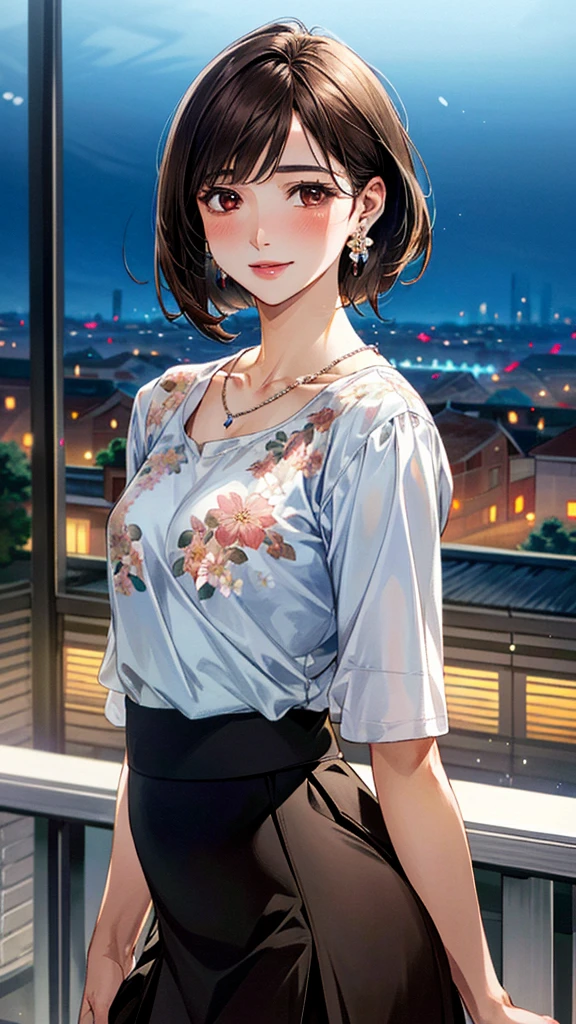(masterpiece:1.3, Highest quality, Ultra-high resolution, Super detailed), (Realistic, photoRealistic:1.4), Beautiful illustrations, Perfect lighting, colorful, Depth of written boundary,
Beautiful detailed hair, Beautifully detailed face, Beautiful fine details, Beautiful clavicle, Beautiful body, Beautiful breasts, Beautiful thighs, Beautiful feet, Beautiful fingers,
View Viewer、Front view:0.6, 1 girl, Japanese, Female college student, Perfect Face, (Perfect Anatomy, Anatomically correct), Cute and symmetrical face, , , Shiny skin,
(Black blouse:1.4,) ((Floral long skirt:1.4))
(Dark brown hair, Bobcut:1.4), Dark brown eyes, (Large Breasts), thin,
necklace, (Small earrings:1.3),
(Beautiful views), (night), (city, cityscape in the distance), Are standing, A soft smile、(Smile, Lips parted),