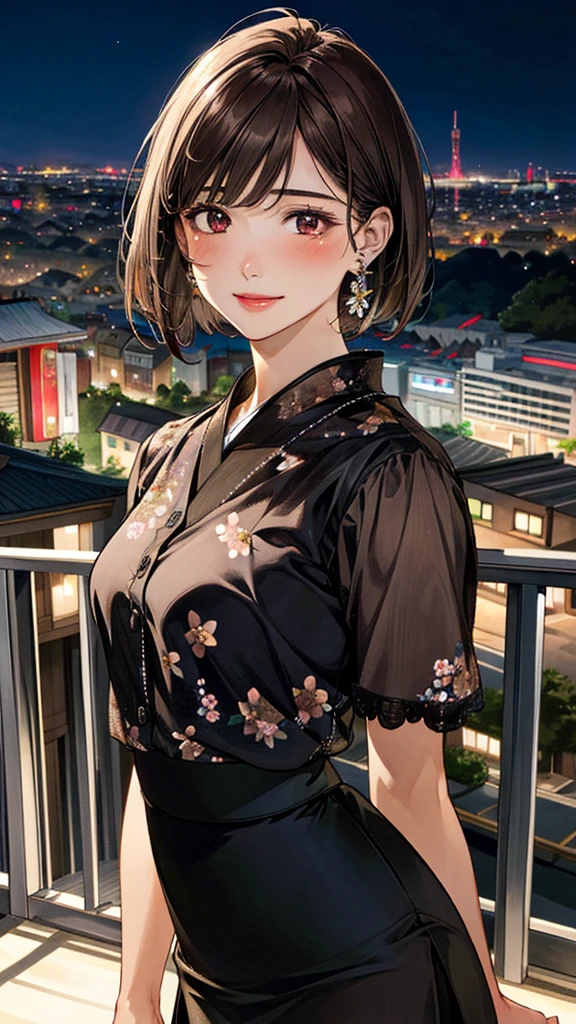 (masterpiece:1.3, Highest quality, Ultra-high resolution, Super detailed), (Realistic, photoRealistic:1.4), Beautiful illustrations, Perfect lighting, colorful, Depth of written boundary, 
Beautiful detailed hair, Beautifully detailed face, Beautiful fine details, Beautiful clavicle, Beautiful body, Beautiful breasts, Beautiful thighs, Beautiful feet, Beautiful fingers, 
View Viewer、Front view:0.6, 1 girl, Japanese, Female college student, Perfect Face, (Perfect Anatomy, Anatomically correct), Cute and symmetrical face, Baby Face, , Shiny skin, 
(Black blouse：1.4,) ((Floral long skirt:1.4))
(Dark brown hair, Bobcut:1.4),  Dark brown eyes, (Large Breasts), thin, 
necklace, (Small earrings:1.3), 
(Beautiful views), (night), (city, cityscape in the distance), Are standing, A soft smile、(Smile, Lips parted), 