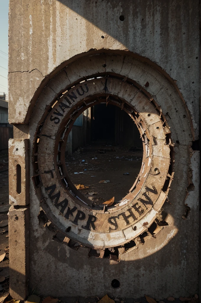 Create a worn leaf where there is the writing "Andrianto" in grunge lettering style made from dilapidated holes, dry leaves, handles, sunset view holes, realistic, cinematic, high detail