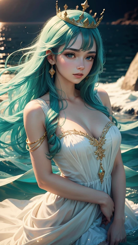 A beautiful young lady wearing a white and gold dress with sparkling tips, wearing a crown, in the sea, blue-green, translucent.
