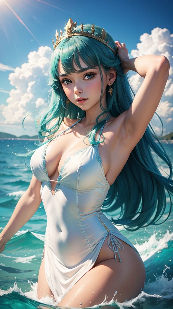 A beautiful young lady wearing a white and gold dress with sparkling tips, wearing a crown, in the sea, blue-green, translucent. 