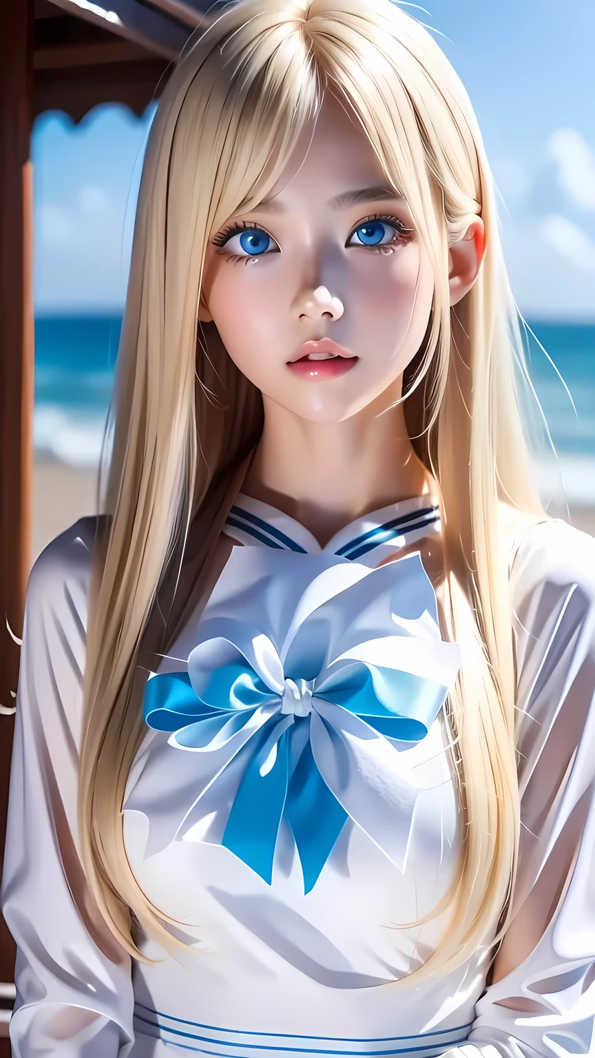 Beautiful girl with a pretty face、beautiful blonde straight super long hair、Half Body Shot、Beautiful long bangs hanging over the face、Very beautiful, bright, pale sky blue eyes、Very big eyes、Blonde hair between the eyes、Round face、Blonde hair above the eyes、片Blonde hair above the eyes、、Sailor suit、Very white and young skin、Cheek gloss、Cheek highlighter、Small Face Beauty
