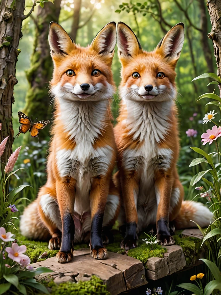 A high-resolution image featuring a realistic of big red (1fox) and little white (1rabbit) in a cheerful and happy setting. The rabbit, with soft white fur and pink-tinted ears, stands upright, its eyes bright and expressive. The fox, with a lush red coat and a bushy tail, sits nearby, displaying a playful demeanor. The scene is set in a softly lit forest clearing, with golden sunlight filtering through the trees, creating shimmering highlights and emphasizing the animals’ fur. The background is detailed with vibrant green foliage, scattered wildflowers, and additional elements like fallen leaves, soft grass, and small bushes, adding richness and natural beauty. A small wooden bridge or moss-covered rock could be included to enhance the scene’s charm. The overall mood is one of natural joy and tranquility, with butterflies fluttering around and small birds hopping nearby. The design style is reminiscent of a fairytale, with harmonious and beautiful natural elements. The high-detail depiction of the animals’ fur and the sharp, realistic presentation of the grass, leaves, and wildflowers create a vivid and lifelike atmosphere.