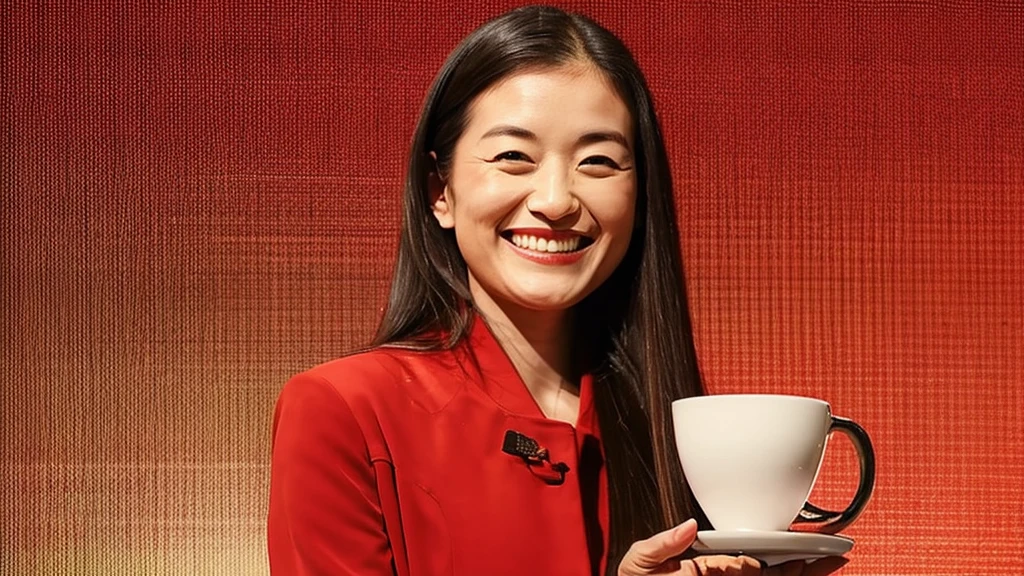 A smiling stylish Japanese woman with long hair holding a cappuccino coffee cup, Latte Art,Solid red background