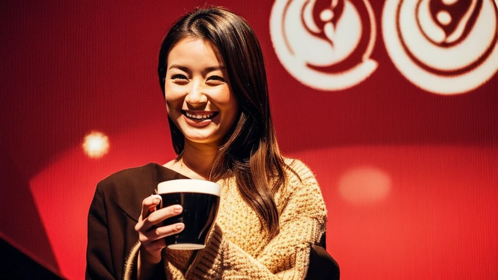 A smiling stylish Japanese woman with long hair holding a cappuccino coffee cup, Latte Art,Solid red background