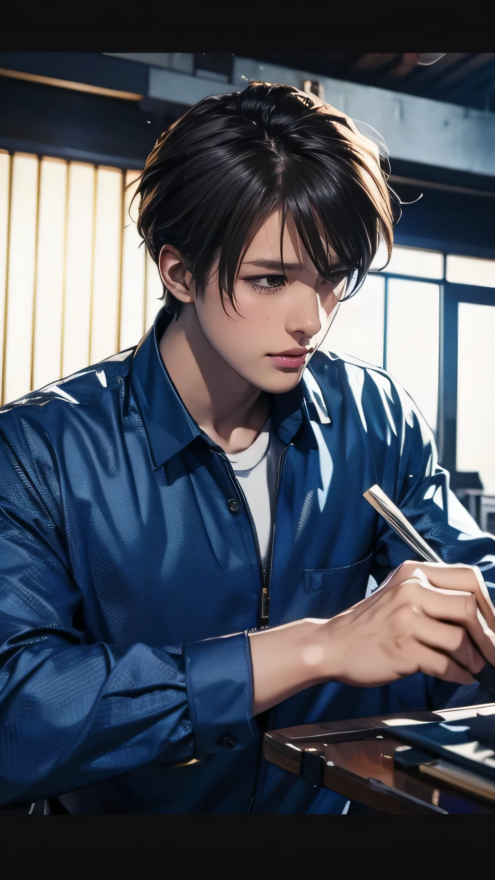 masterpiece, highest quality, 8k, super detailed, high resolution, anime style, absolutely, alone:1.5, handsome anime boy, engineer, repairing car