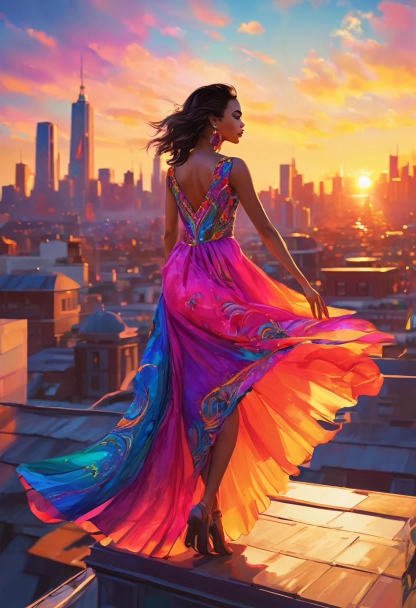 As the sun sets over the city, a woman in a vestido colorido strikes a pose on a rooftop, her dress flowing in the breeze. The vibrant colors of her outfit and the cityscape create a stunning contrast, captured perfectly in this digital fantasy art piece.