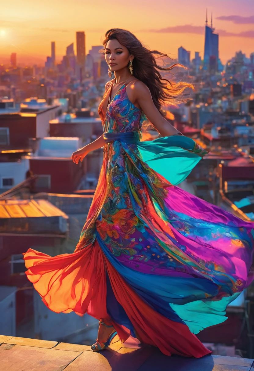 As the sun sets over the city, a woman in a vestido colorido strikes a pose on a rooftop, her dress flowing in the breeze. The vibrant colors of her outfit and the cityscape create a stunning contrast, captured perfectly in this digital fantasy art piece.