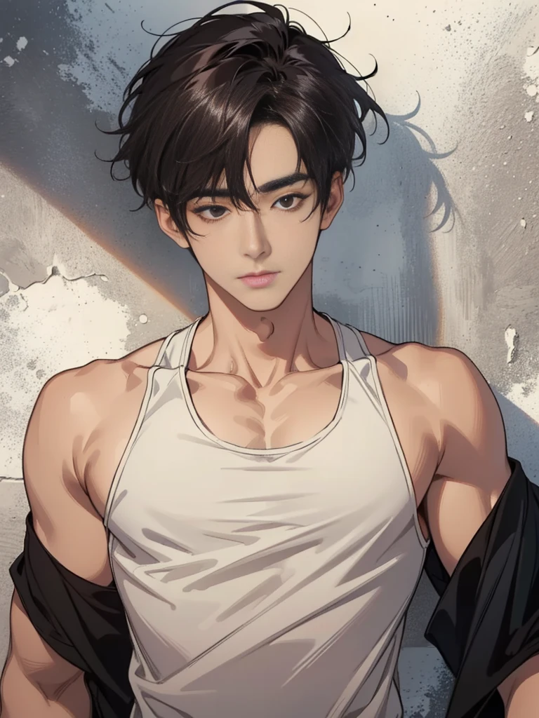 Best quality, High quality, A high resolution, 4K, Masterpiece, detailed face, handsome 29 year old korean man, tank top, he is now at home