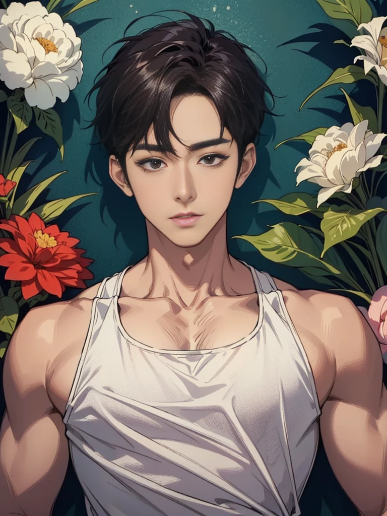 Best quality, High quality, A high resolution, 4K, Masterpiece, detailed face, handsome 29 year old korean man, tank top, he is now at home