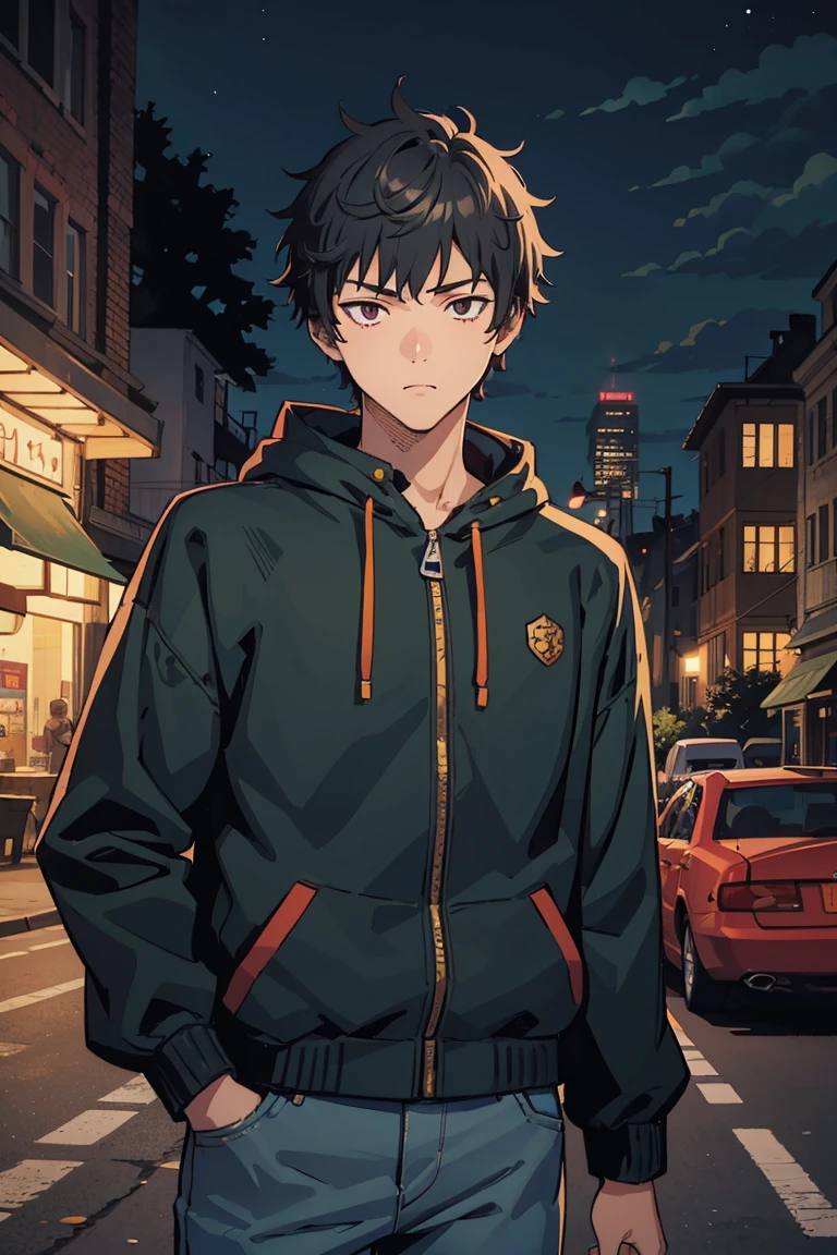 ((illustration)), (best quality)), ((masterpiece)), (detailed), ((night)), teenager, solo, 1boy, male focus, black jacket, short hair, black hair, shaggy hair, jeans,  upperbody, cityscape, lineart, thick lines, itadori, itadori_yuuji,