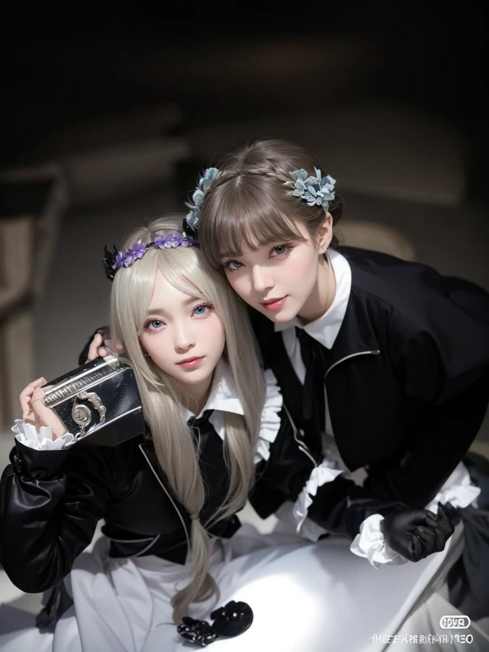 Korean,realistic, masterpiece, last detail, photo realistic, complex part, octane number, 8 k, 1 girl, whole body, perfect face, Beautiful face, nsvf, link to trough, hair detail,, black a gift, black gloves, black feet, Blue eyes, blue hair, a gift, clavicle, dress, Drill hair, frill, frill, gloves, gwen, headdress, A high resolution, long hair, parted lips, puffy sleeves, purple eyes, smile, One, white dress, oily leather,