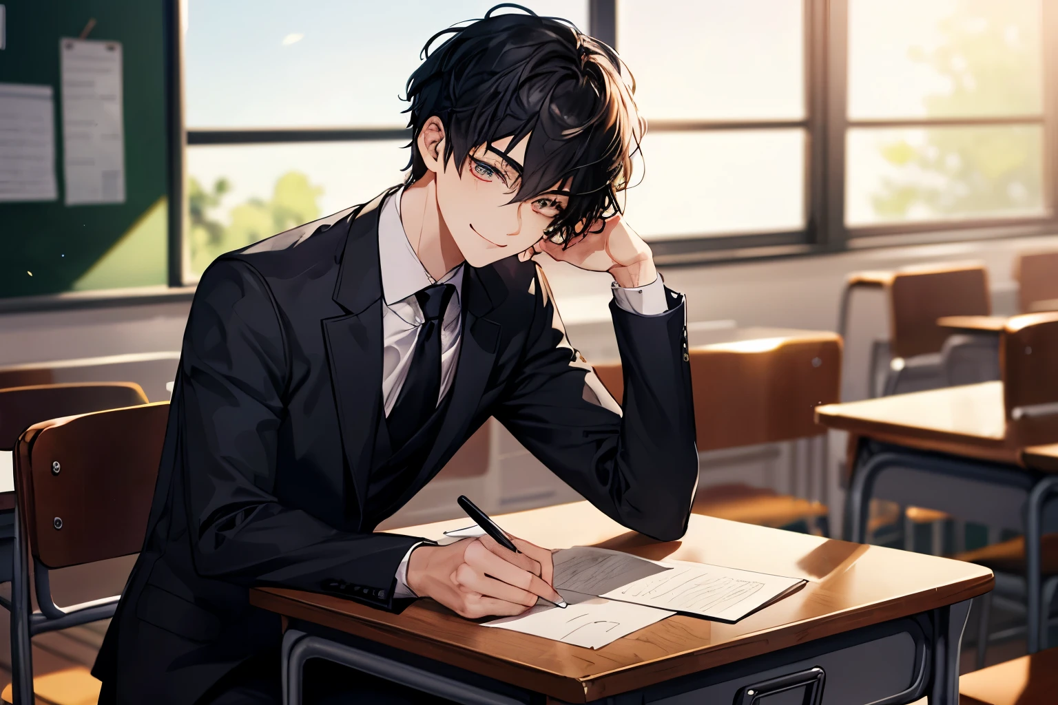 For men,Short fine hair,Black Hair,(Purpose 1:2,Clear Eyes,A sophisticated eye,Delicate eyes,Good Eyes,Eye details),Face Focus,Adult,Black Suit,Highest quality,Facial details,classroom,Sit at a desk,Sitting on the couch,sloth,Detailed Background,Diffused sunlight,Depth of written boundary,study Smiling at the desk