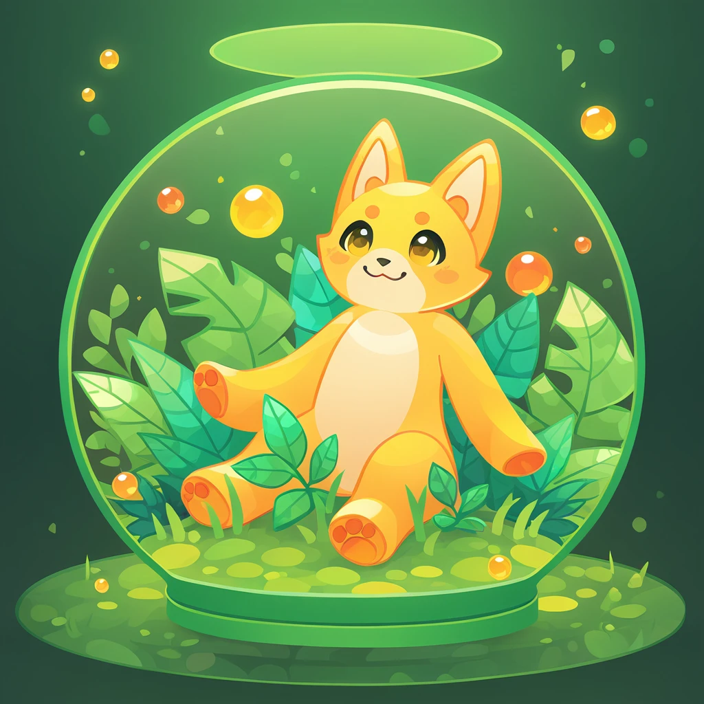 Saccharine Tomartian with orange yellow and green   color palette with background in terrarium art style