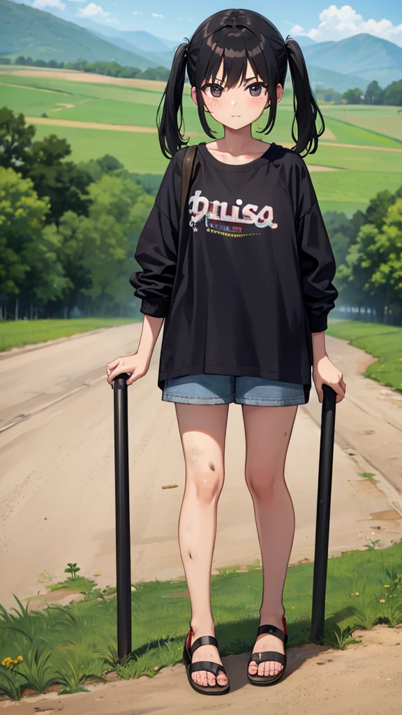 , young teen, sandals, countryside, dirt road, black hair in pigtails, farmer girl, dirty