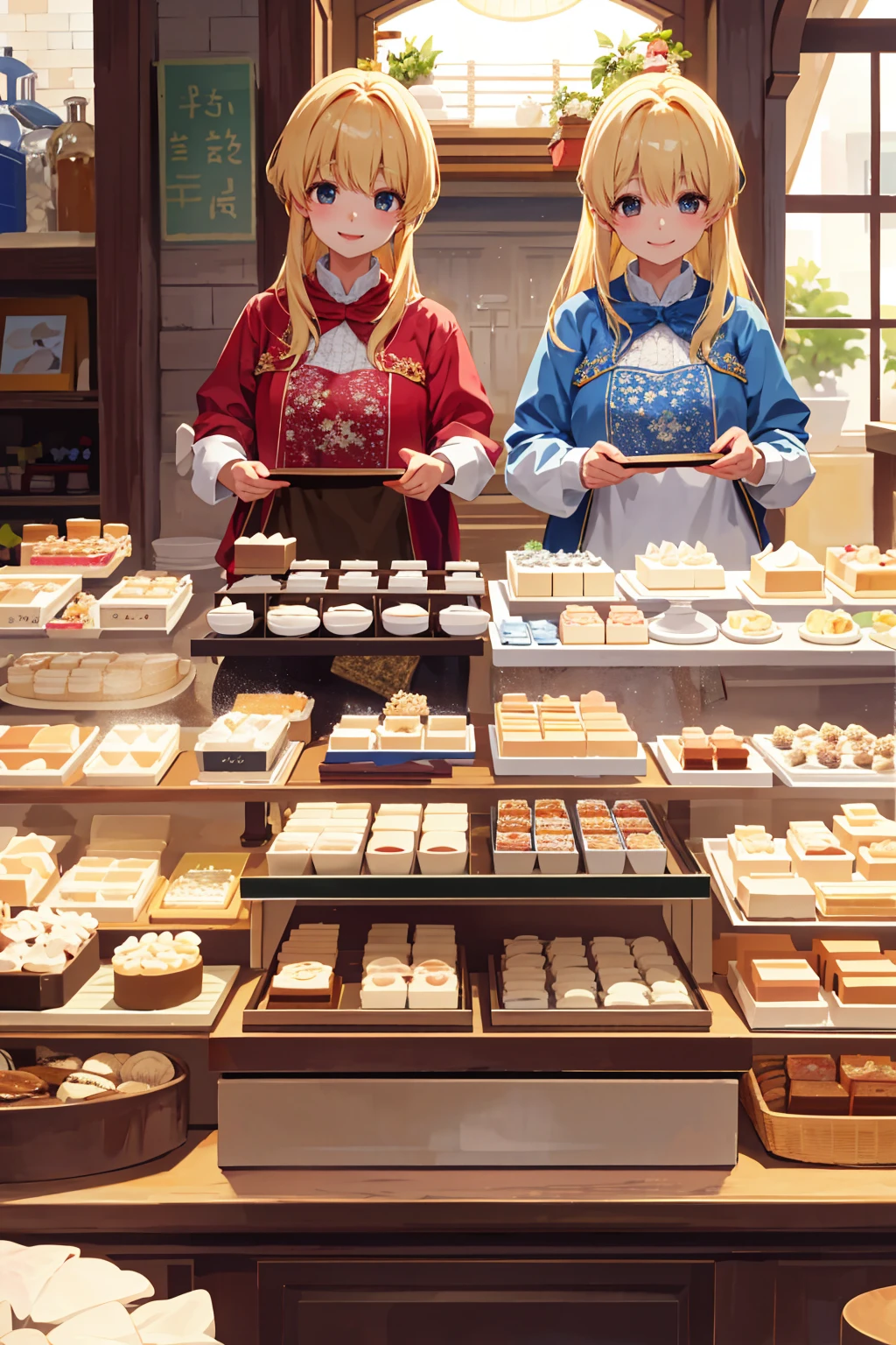 Photorealistic、Highest quality、Highest Resolution、Highest quality、8K、cute女性、Beautiful Face、One beautiful woman、Light Hair Color、cute、beautiful、The best smile、Cake shop、Looking at the cakes in the showcase、Shining eyes、Looks happy、