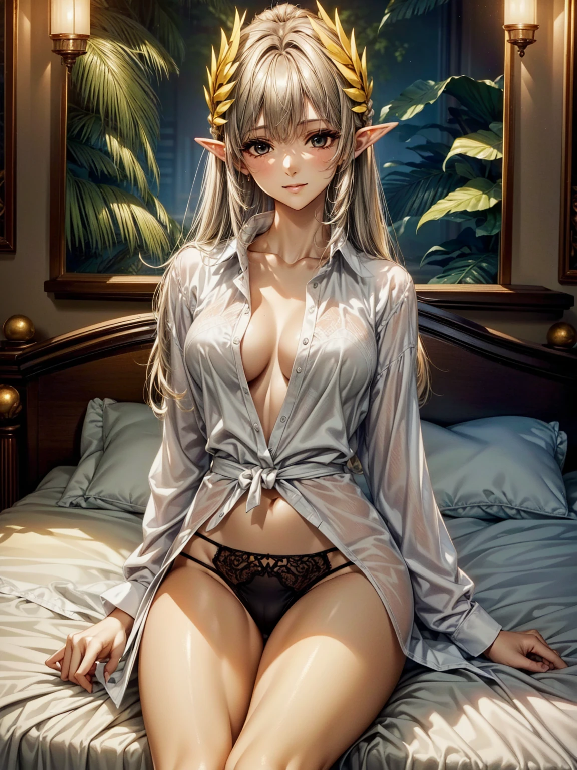(top quality、masterpiece、very high resolution、Ultra high quality、High quality pixels)、perfect eyes, perfect face, alone,8k, F cup breasts,(Detailed description of hair), (Detailed description of face),(detailed description of body), Fair and translucent skin, gorgeous, long legs, facing the audience, Professional photography lighting,Detailed yellow eyeball, grey hair, braid, Girlfriend style, gentle expression, (Cowboy shot: 1.3), (white oversized boyfriend shirt: 1.2), model posture, sitting, pantyhose, girlfriend ssmile, bed
