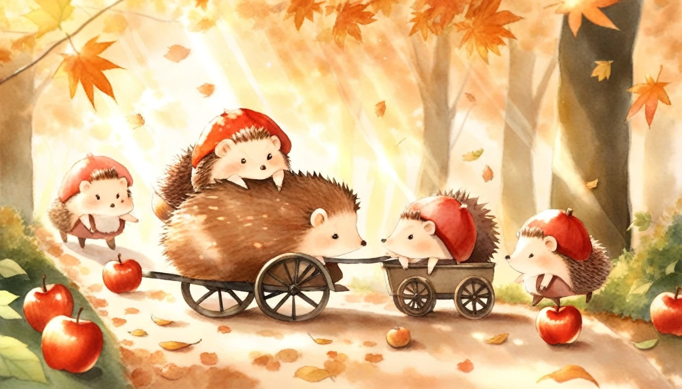 a family of hedgehogs wearing red knit hats walking on a forest path covered in fallen leaves, father pushing a cart full of red apples, curious baby hedgehogs looking around, sunlight filtering through leaves creating dappled lighting, warm autumn atmosphere, watercolor, soft lighting, delicate details, whimsical, heartwarming