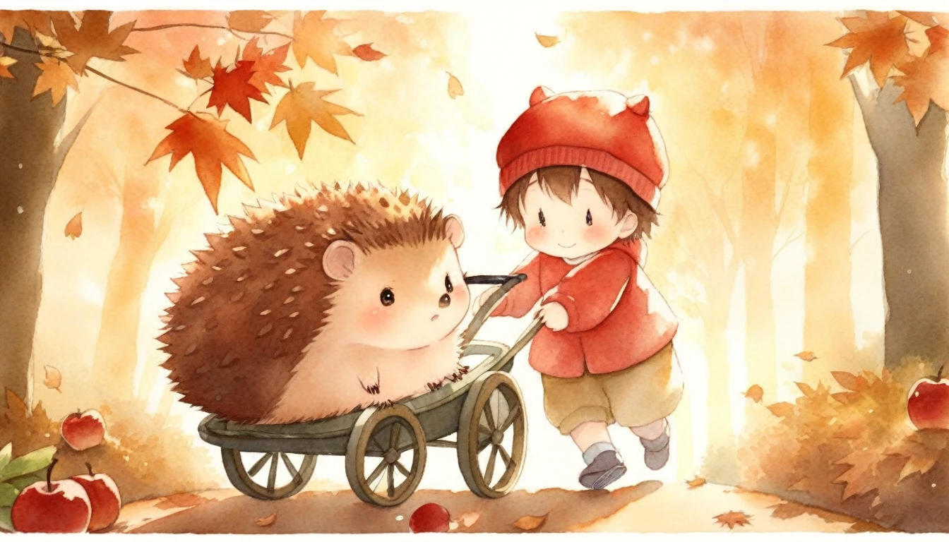a family of hedgehogs wearing red knit hats walking on a forest path covered in fallen leaves, father pushing a cart full of red apples, curious baby hedgehogs looking around, sunlight filtering through leaves creating dappled lighting, warm autumn atmosphere, watercolor, soft lighting, delicate details, whimsical, heartwarming