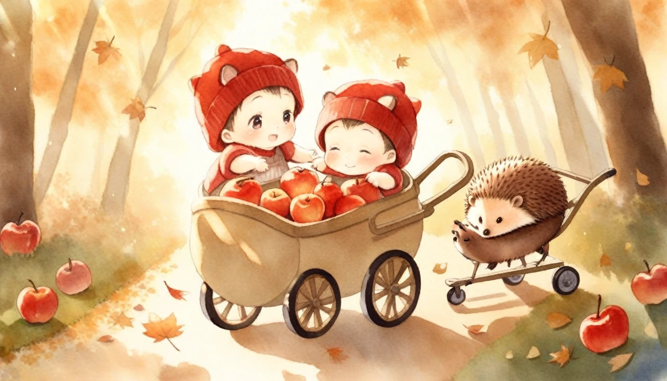 a family of hedgehogs wearing red knit hats walking on a forest path covered in fallen leaves, father pushing a cart full of red apples, curious baby hedgehogs looking around, sunlight filtering through leaves creating dappled lighting, warm autumn atmosphere, watercolor, soft lighting, delicate details, whimsical, heartwarming