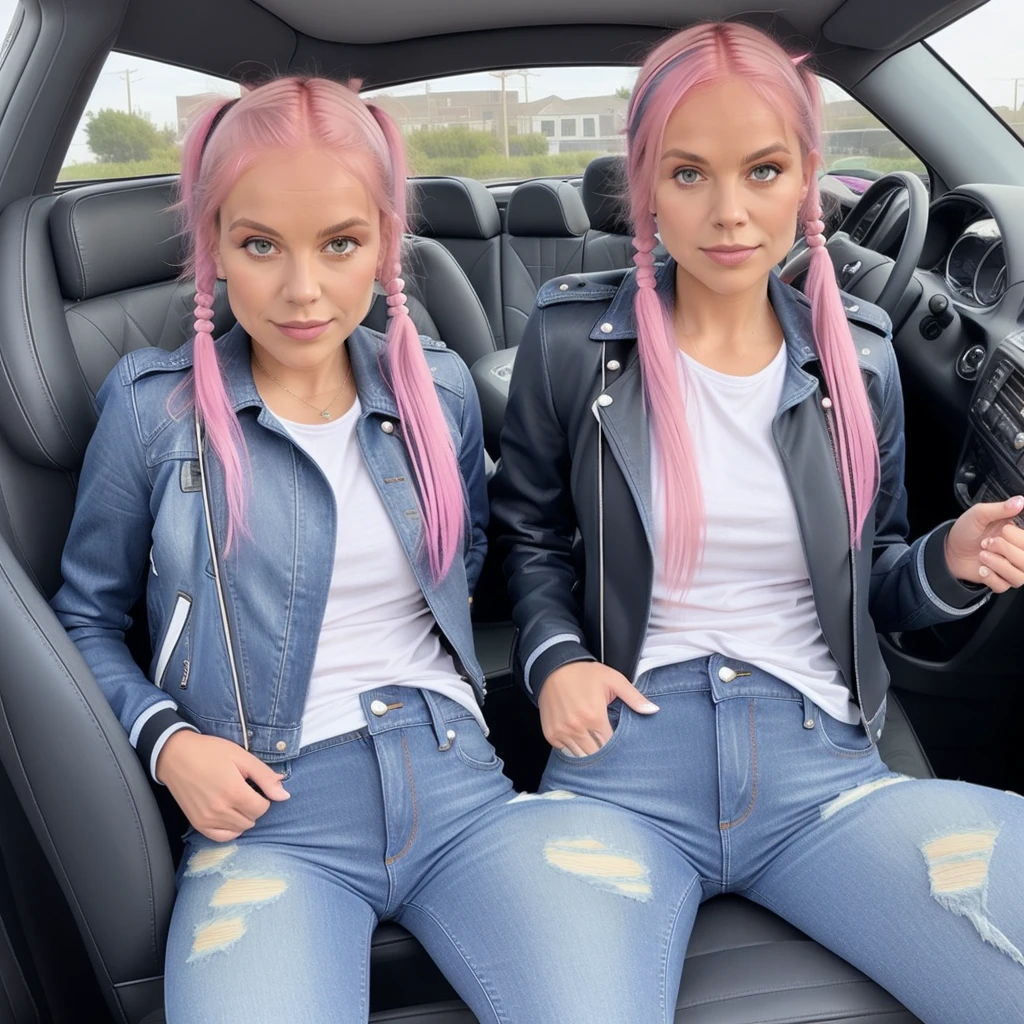 SpreadLegsCar, dside, 1girl, solo, in the car, car interior, solo, steering wheel, pigtails, pink hair, denim, jeans, torn clothes, leather jacket, realistic,