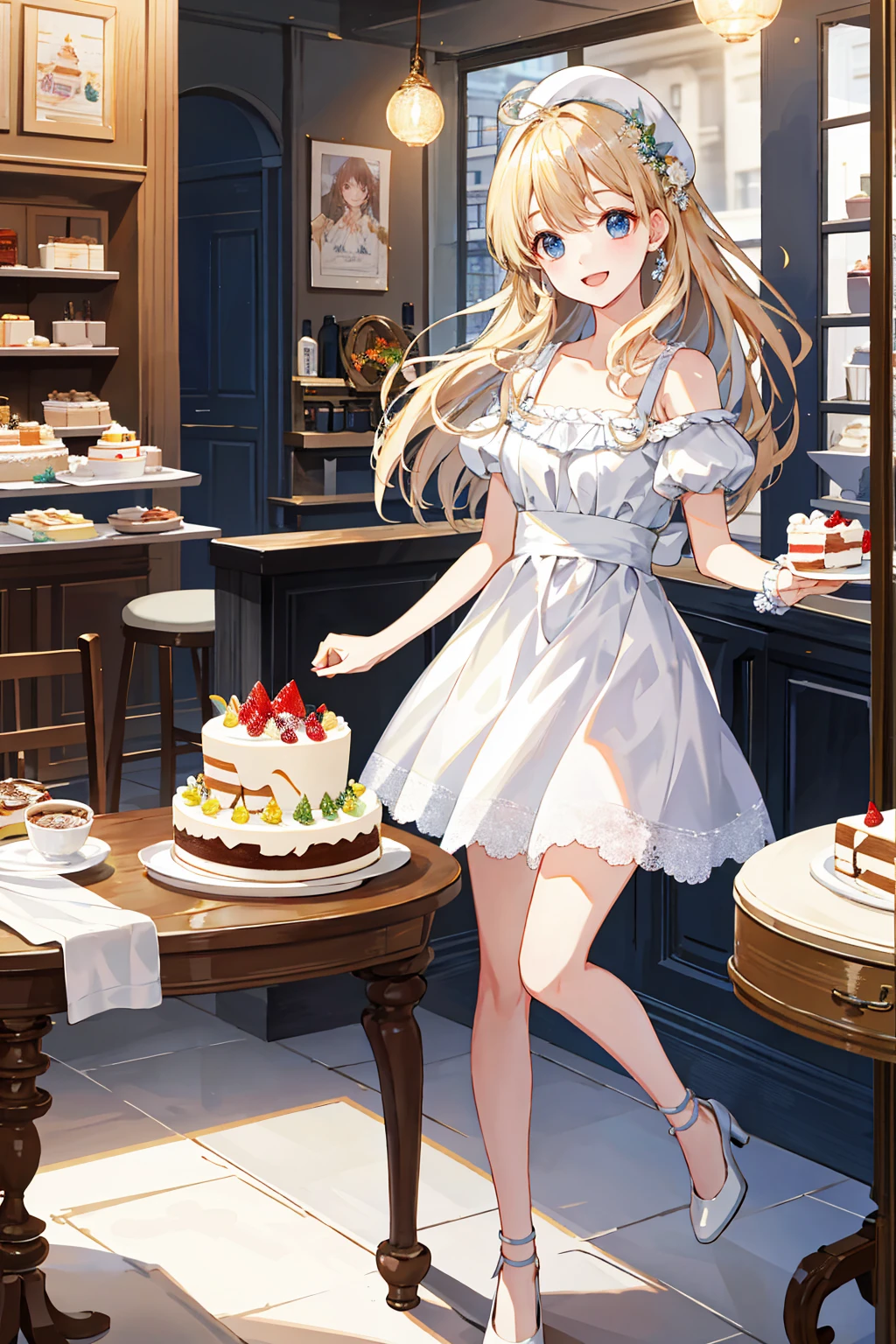 Photorealistic、Highest quality、Highest Resolution、Highest quality、8K、cute女性、Beautiful Face、One beautiful woman、Light Hair Color、cute、beautiful、The best smile、Cake shop、Looking at the cakes in the showcase、Shining eyes、Looks happy、