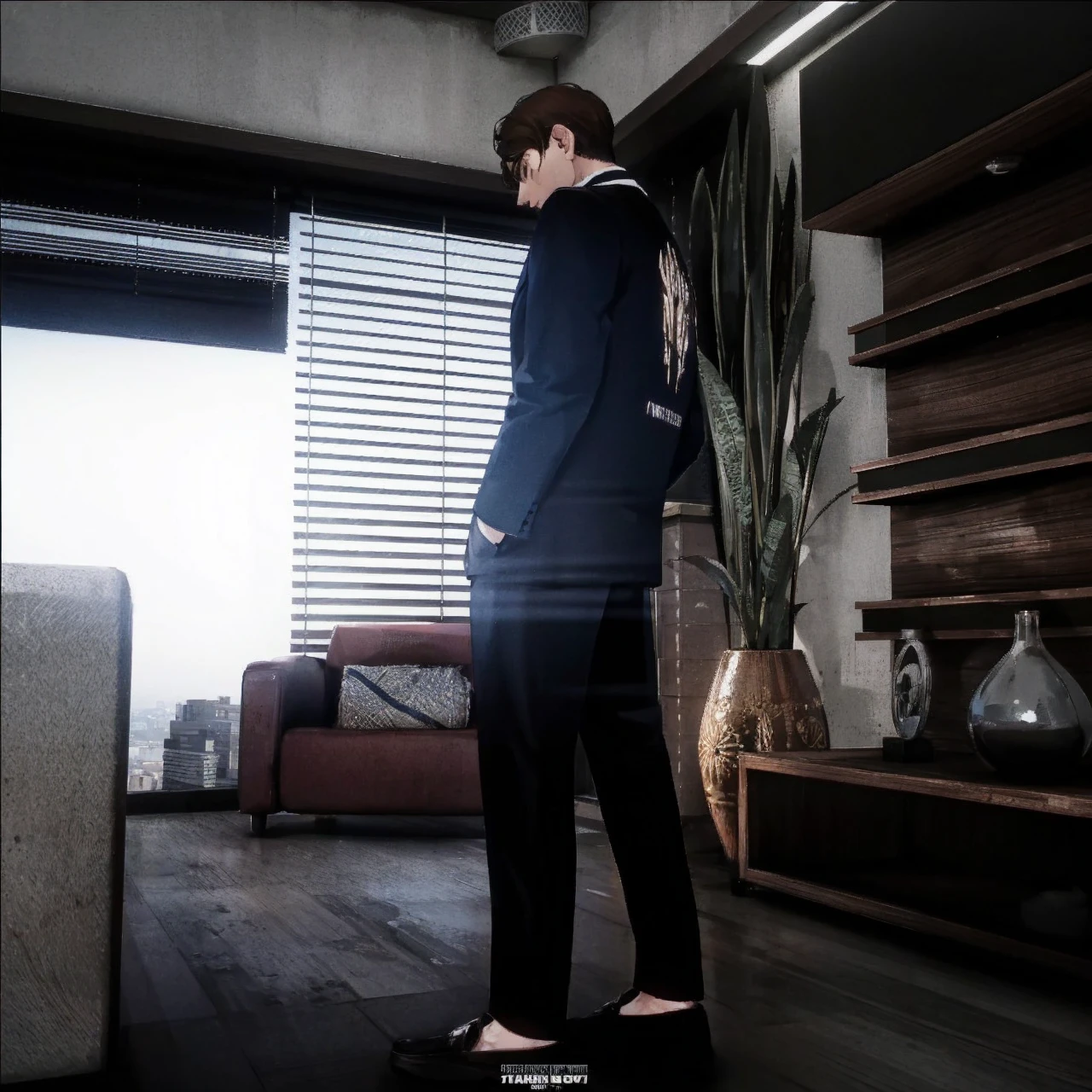 A man in a suit with short brown hair stands with his back turned in the city at night.