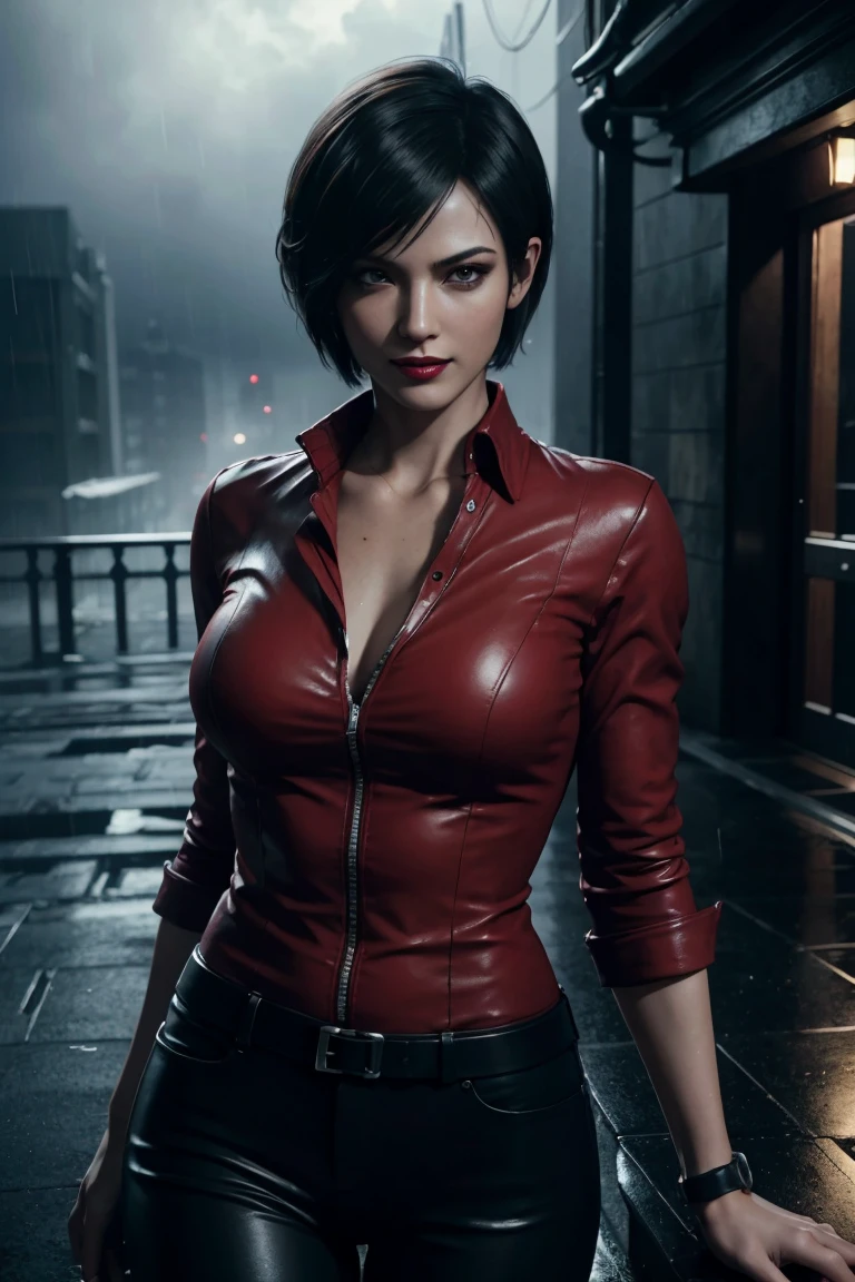 Resident Evil 6,Ada,Short Hair,Red Shirt,Stand up your collar,Black Leather Pants,Photorealistic,Ultra HD,high quality,masterpiece,Digital SLR,Detailed details,Intricate details,Anatomical basis,Depicted in detail,A detailed face,Realistic skin texture,Vivid details,Perfect Anatomy,Perfect Anatomy,Anatomically correct hand,Anatomically correct fingers,Super Detail,Complex 3D rendering,Sexy pose,Rainy Sky,Beautiful scenery,Fantastic rainy sky,Picturesque,Red Lip,smile,
